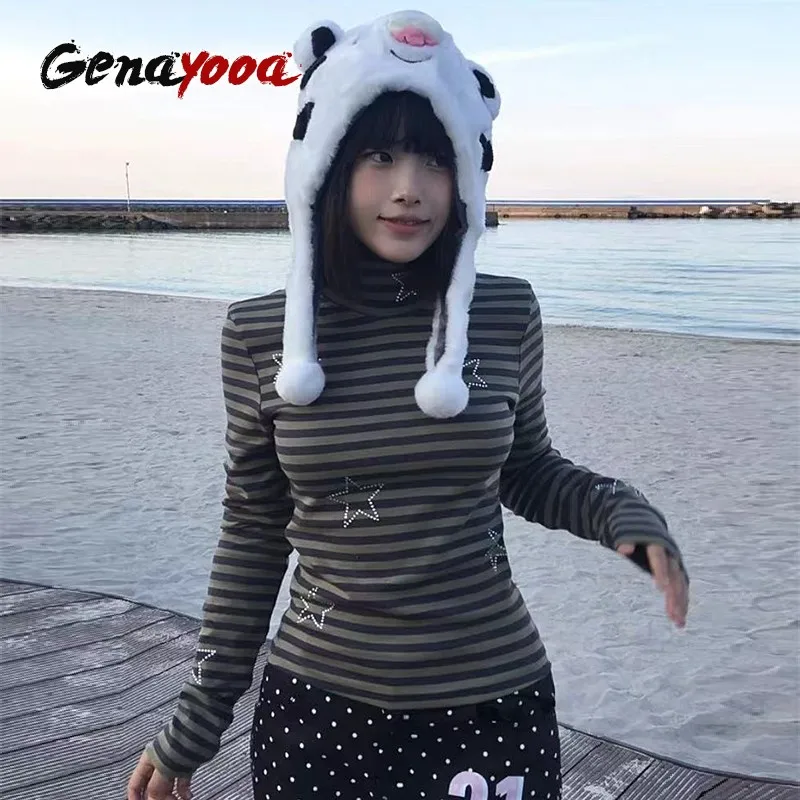 Женская Винтажная футболка в полоску Genayooa облегающая стиле ретро с высоким