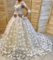 new style v neck lace appliques wedding dresses sweep train puffy handmade butterflies flowers ballgown bridal gowns