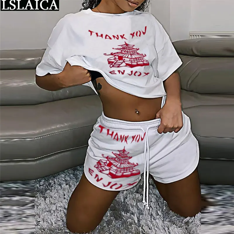 

Sets Womens Outfits Summer White Letter Print Short Sleeve Tops & Short Pants Two Piece Set Casual Sportswear Fashion Laidy Suit