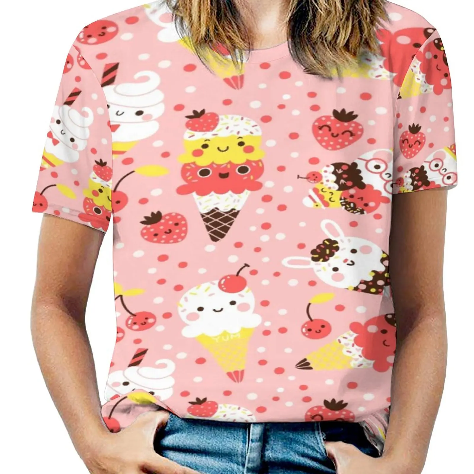 

Cute Ice Cream T-Shirt Cartoon Pattern Pretty T Shirts Short Sleeve Casual Tshirt Summer Pattern Top Tees Big Size