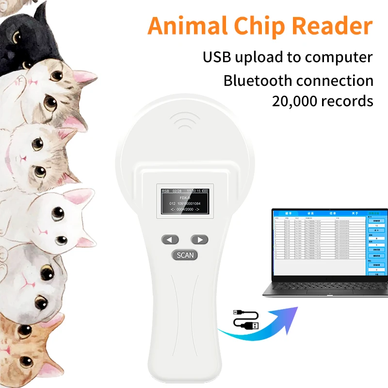 

Animal Handheld Microchip Reader USB Upload to PC 134.2KHz RIFD Pet Chip Microchip Scanner Provide Demo Software