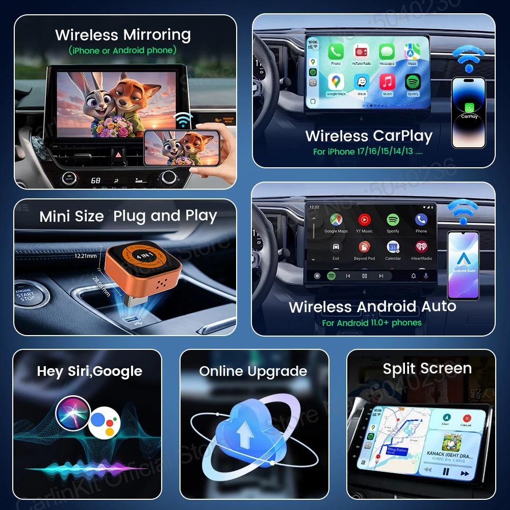 Фото Беспроводной адаптер CarlinKit Mini Ultra 6 4-в-1 для дублирования экрана, беспроводной CarPlay и Android Auto, автоматическое подключение, отображение видео с телефона №3