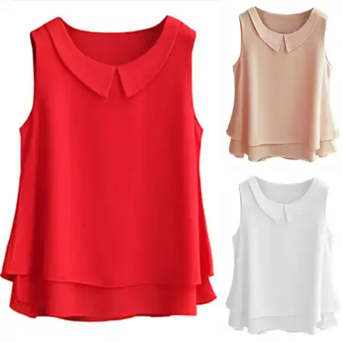 Women Blouse Shirt 2023 Female Solid Color Double layer Chiffon Shirts Casual sleeveless Loose Top Clothing Elegantes