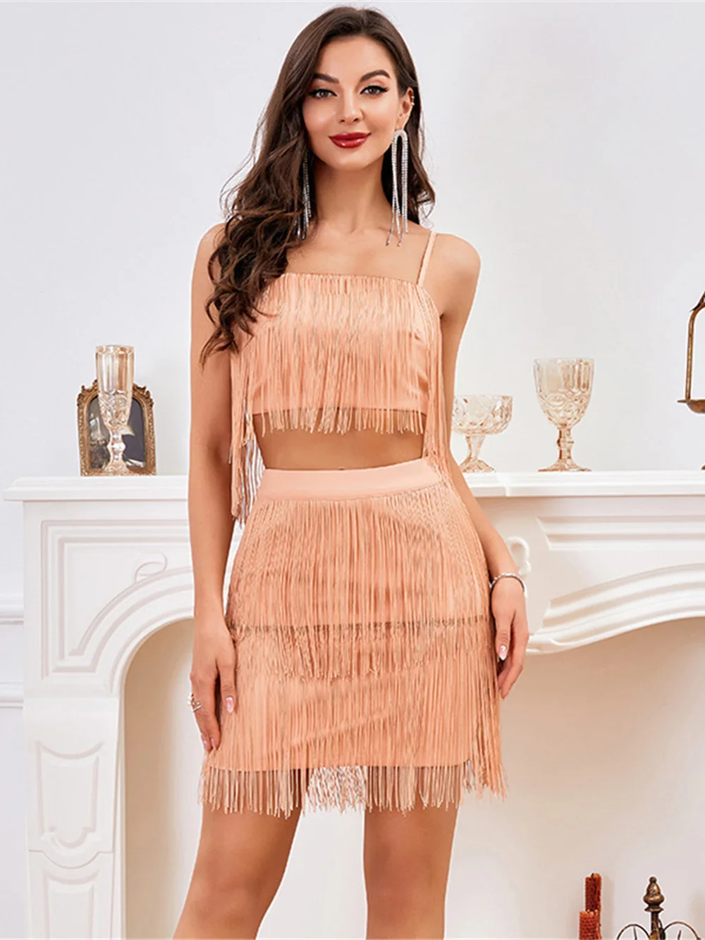 Romans Spaghetti Strap Scoop 2 Pieces Skirt Tassel Backless Sexy Girl Prom Dress SMRS22042822