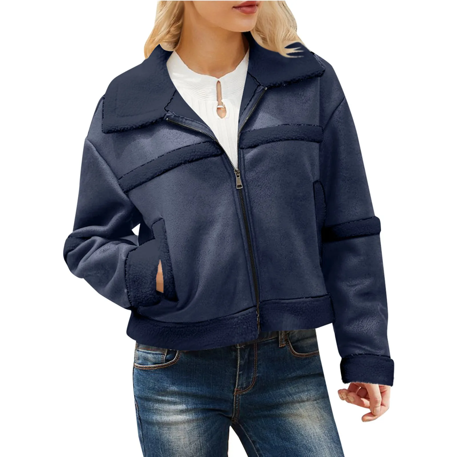 

Женская короткая куртка из искусственной кожи на молнии, с отворотом