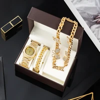 women quartz watch set gold watches necklace bracelet cuban chain butterfly rhinestones bling jewelry 3pcs gifts female relogio