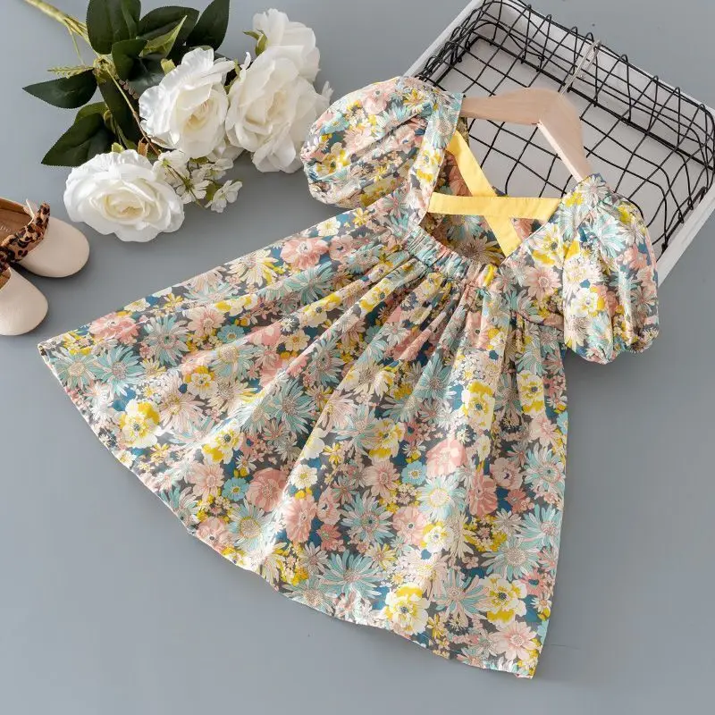 Girls Floral Dress Summer New Fashion Baby Skirt Summer Western Cute Puff Sleeve Summer Dress Princess Wind Round Neck Skirt