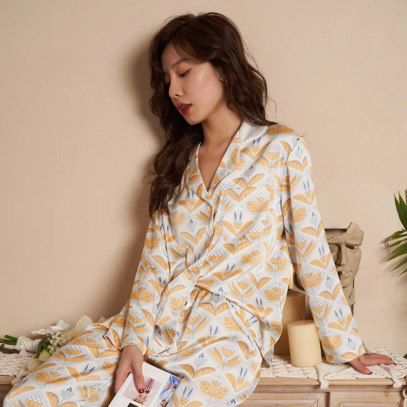 Women's 2 Piece Pajama Set Lapel Kapok Flowers Pijama Ice Silk Pyjama Pocket Sleepwear Long Sleeve Buttoned Shirt Pants Homewear