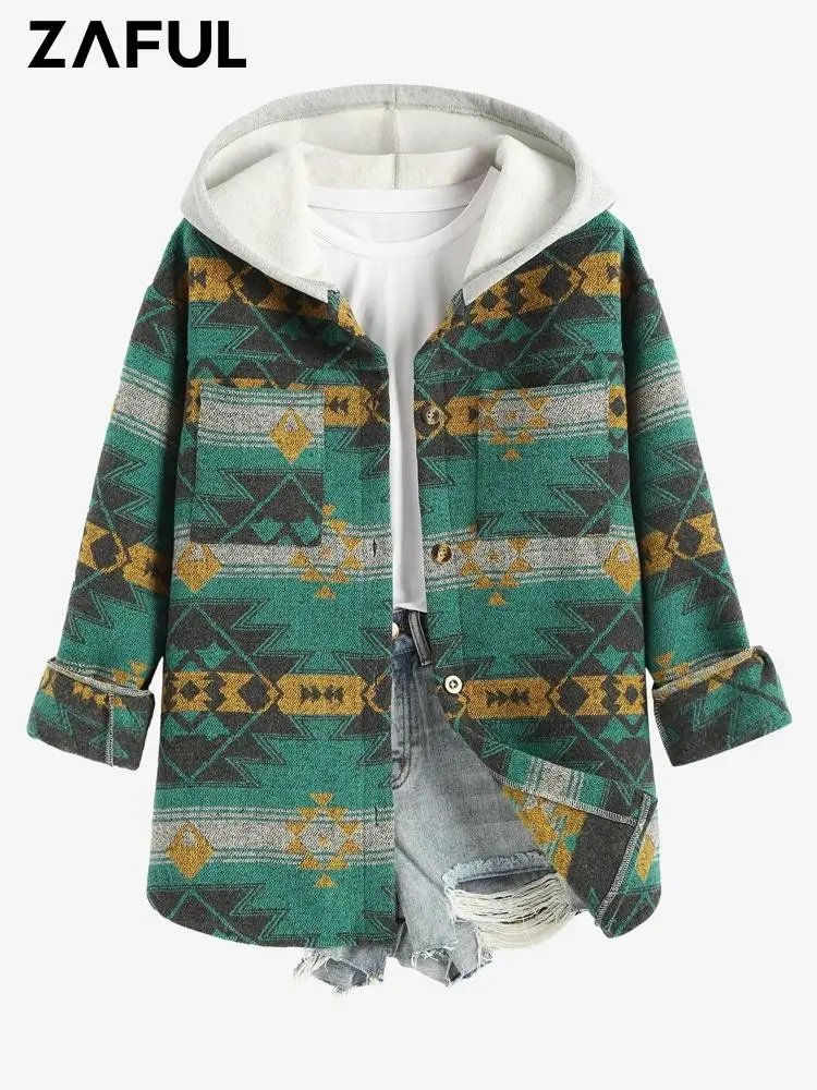 

ZAFUL Autumn Jacket For Women Printed Long Sleeve Hooded Wool Blend Shacket Coat Casual Tops Outwear with Front Pockets Jackets