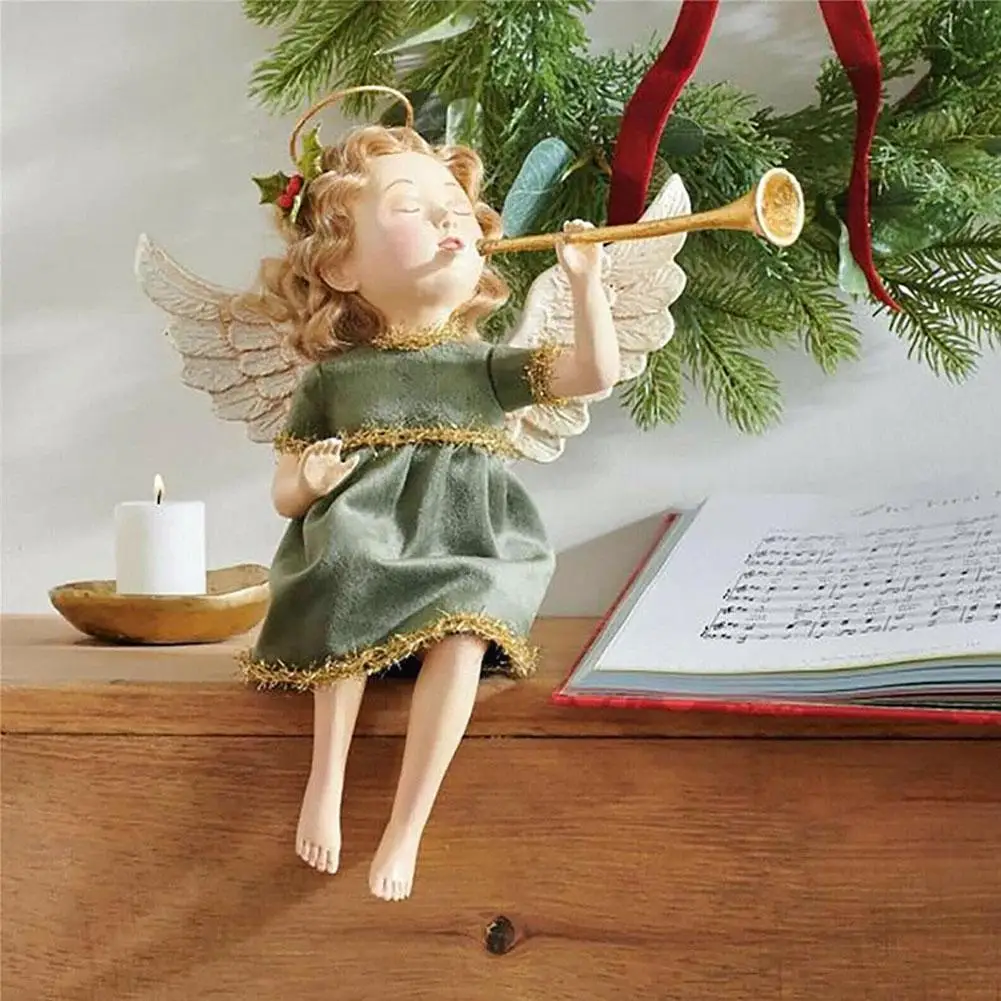 

2022 Рождественский Cherub, Рождественский ангел, выдувающий трубу, украшение для дома, девочка, сидящая, смола, рождественское маленькое украше...