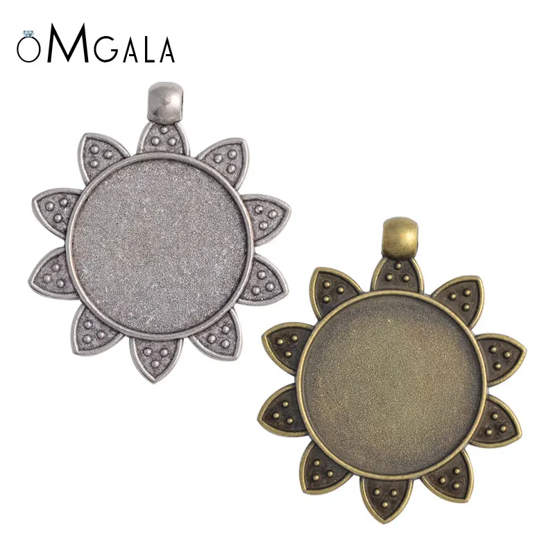 

OMGALA Fashion 10pcs 25mm Inner Size Bronze Antique Silver Plated Black Sunflower Style Cabochon Base Setting Charms Pendant