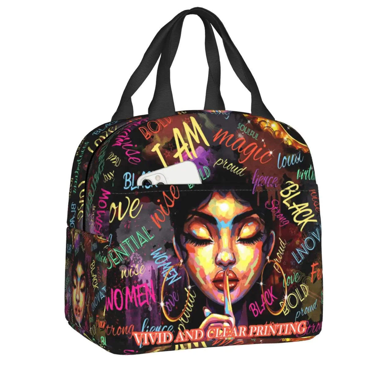 

African Women American Black Girl Lunch Bag Leakproof Thermal Cooler Insulated Lunch Tote Box For School Work Picnic Food Bags