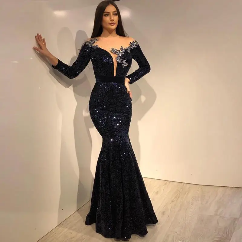 

Arabic Evening Dress Sequins Long Sleeves vestidos de gala Applique Mermaid Prom Dresses Trumpet Customized abendkleider