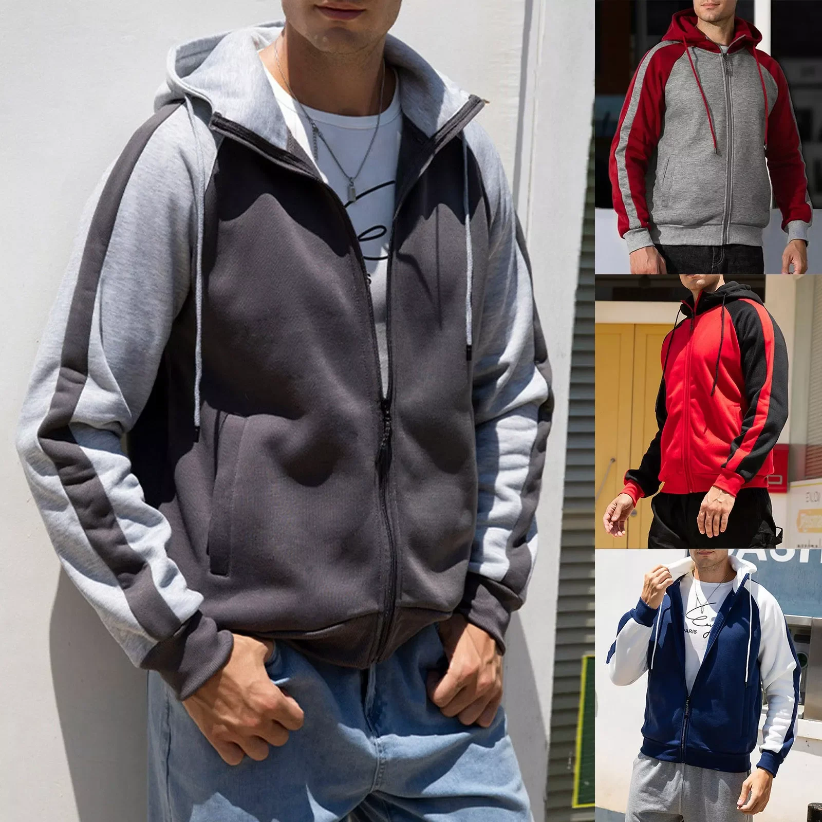 

NEW IN Mens Fashion Simple Slim Fit Solid Color Pocket Decoration Cardigan Long Sleeve Hooded Coat Jean Coat