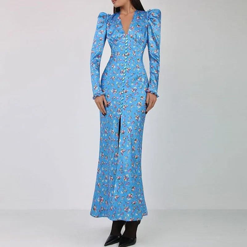 

Женское платье с длинным рукавом, V-образным вырезом и цветочным принтом