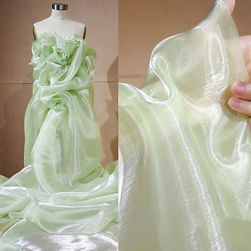 

Light Green Water Yarn Bright Soft Organza Flash Designer Fabric Clothing High-end Hanfu Skirt Fabric 150 Wide Sold By Meter