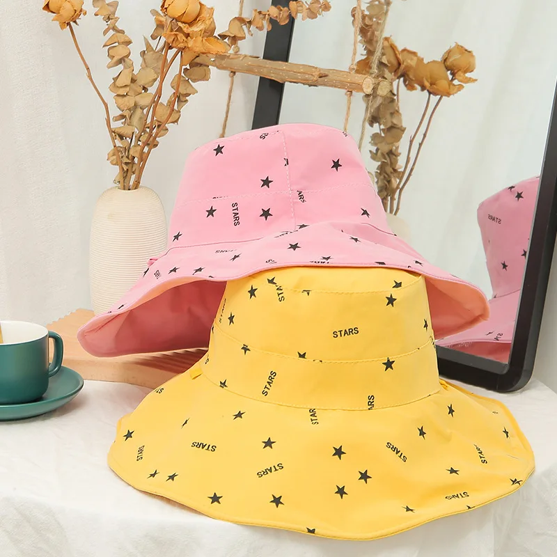 

Star Print Women Bucket Hat Spring Summer Outdoor big brim Sun Hats Double-sided Wear Wide Brim Foldable Fisherman Caps