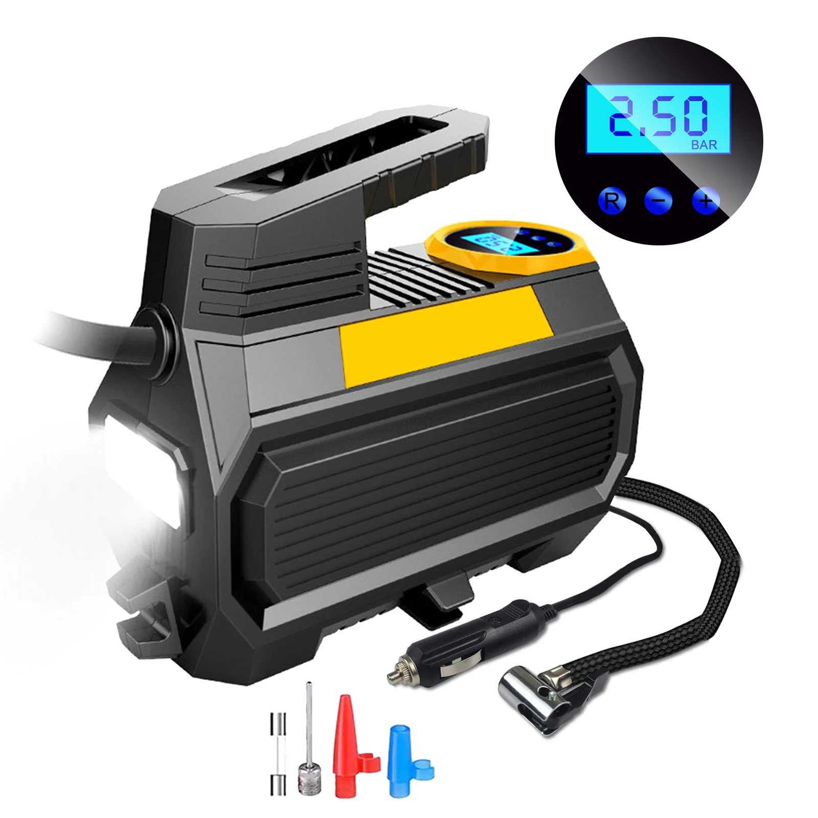 12v/120w Car Tyre Pump With Handle 4 Valve Adaptors With Led Light 2x Faster Car Pumps