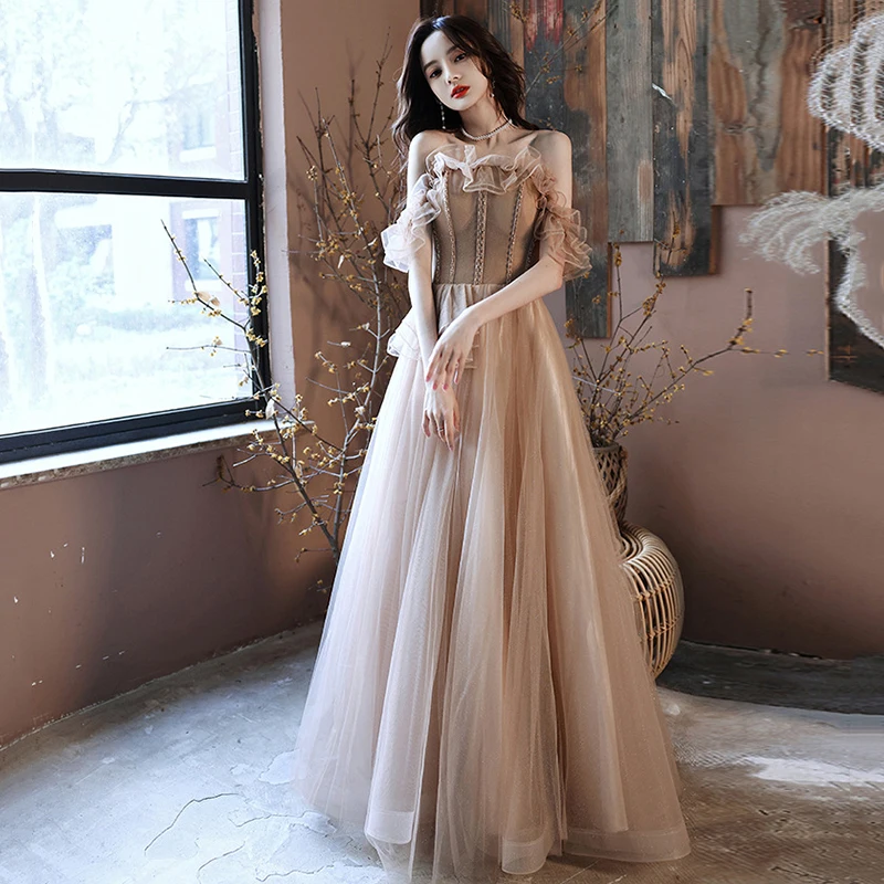 

LAMYA Boat Neck Beads Prom Party Dress RUFFLES Long A Line Formal Gown Khaki Slim Dresses vestidos de fiesta
