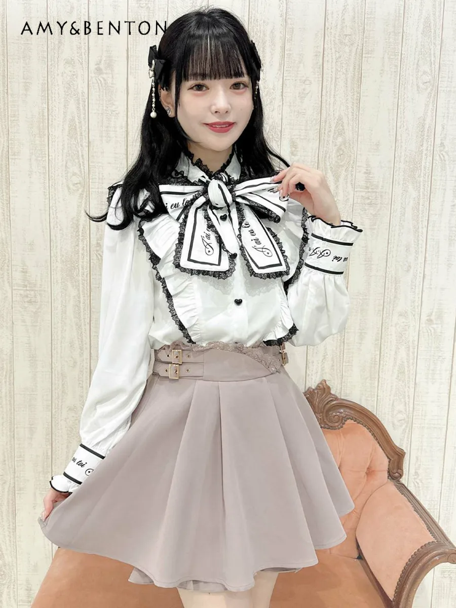 

Японская рубашка Rojita с вышивкой надписью, большим бантом и длинным рукавом, милая кружевная блузка на пуговицах с надписью Love, женские универсальные облегающие топы, новинка на осень