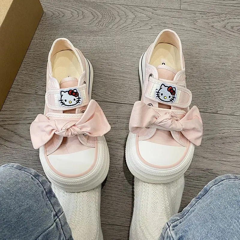 

Kawaii Sanrio Hello Kitty Pink Bow Canvas Shoes for Women 2023 New Summer Velcro Casual Board Shoes Children
