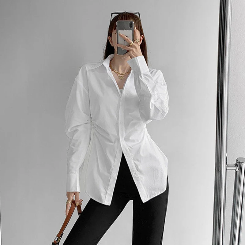 

Rimocy 2023 Fashion White Slim Fit Shirt Women Turn Down Collar Elegant Long Sleeve Blouses Woman Pleated Button Up Shirts Top