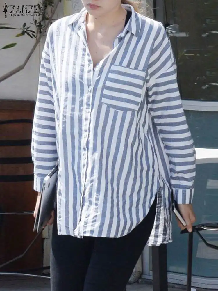 

ZANZEA Fashion Split Hem Shirt Woman Elegant Stripe Printed Blouse Lapel Neck Long Sleeve Tunic Tops Casual Office Chemise 2023