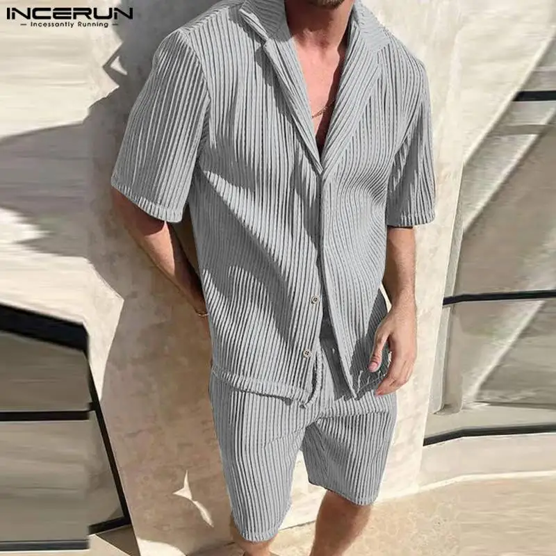 INCERUN 2024 мужские комплекты однотонная уличная одежда свободная плиссированная