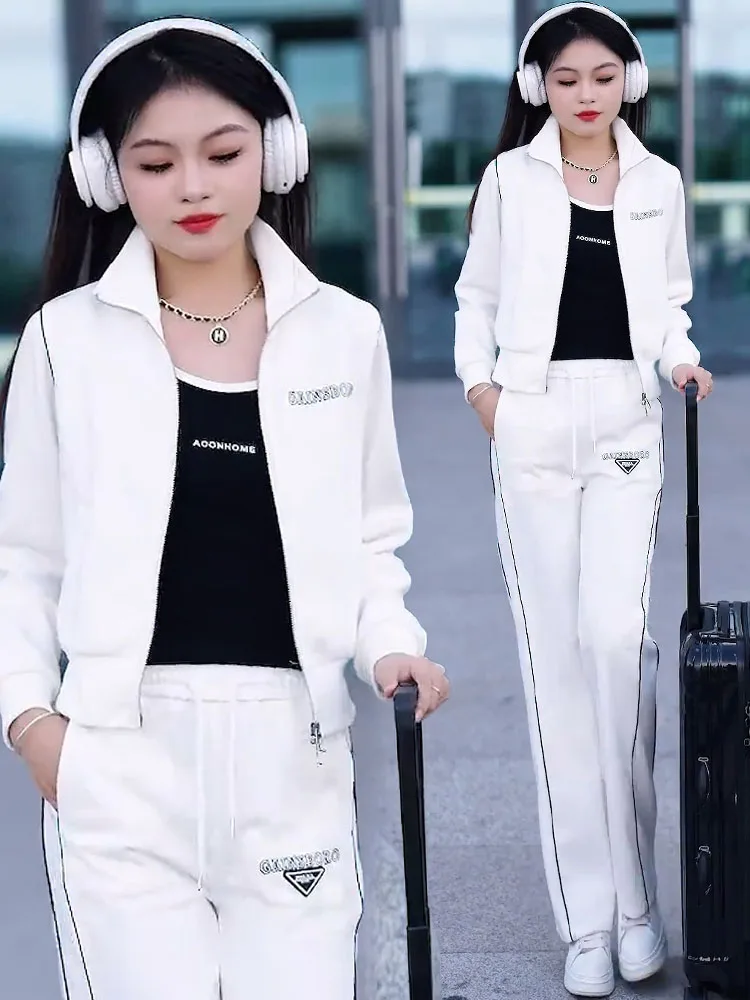 High Cotton Casual Fashion Set Women 2024 Spring and Autumn New Western Sle Versatile Stand Collar Hoodie Sweatpants Two-pi...