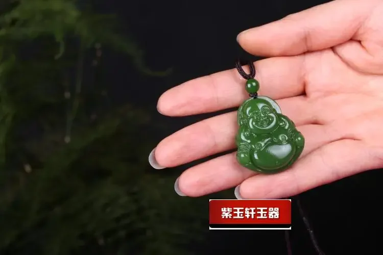 Китайский Синьцзян зеленый нефрит Maitreya Будда Кулон ручная резьба ожерелье Мода