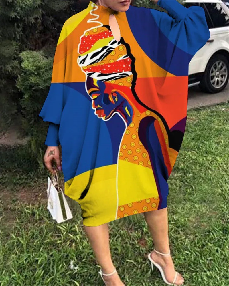 

Oversized Y2K Sweatshirt Vintage African Printed Dresses Women Autumn 2022 Long Batwing Sleeve Casual Loose Fit Dress Winter