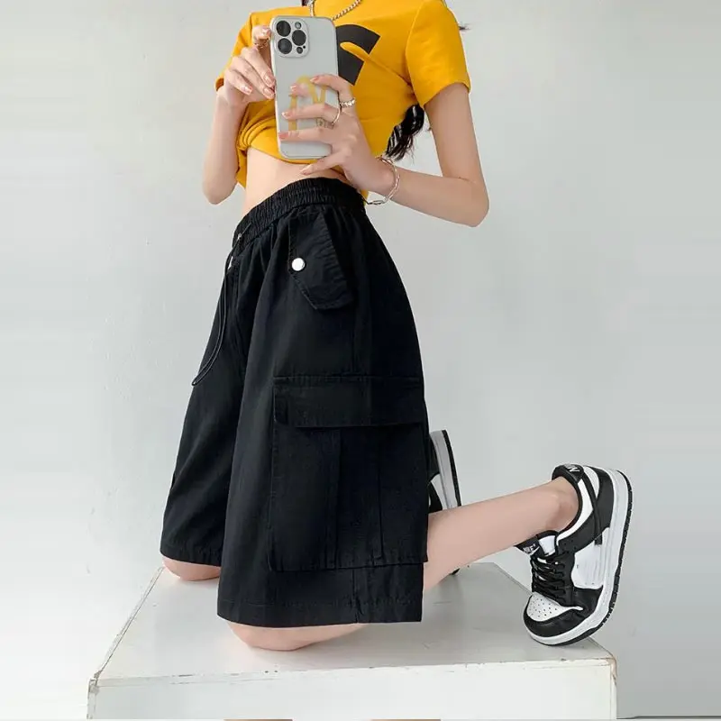 Women's Cargo Shorts Summer 2023 New Casual Big Pocket Baggy Elastic Waist Half Pants Fashion Streetwear Plus Size Clothing