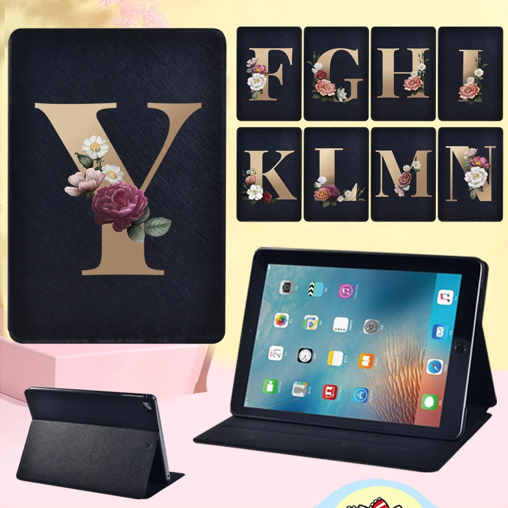 

Tablet Case for Apple IPad Air 4/5/Air 3/Air 1/Air 2 Flip Leather Stand Cover with Flowers Gold 26 Letters Pattern + Free Stylus