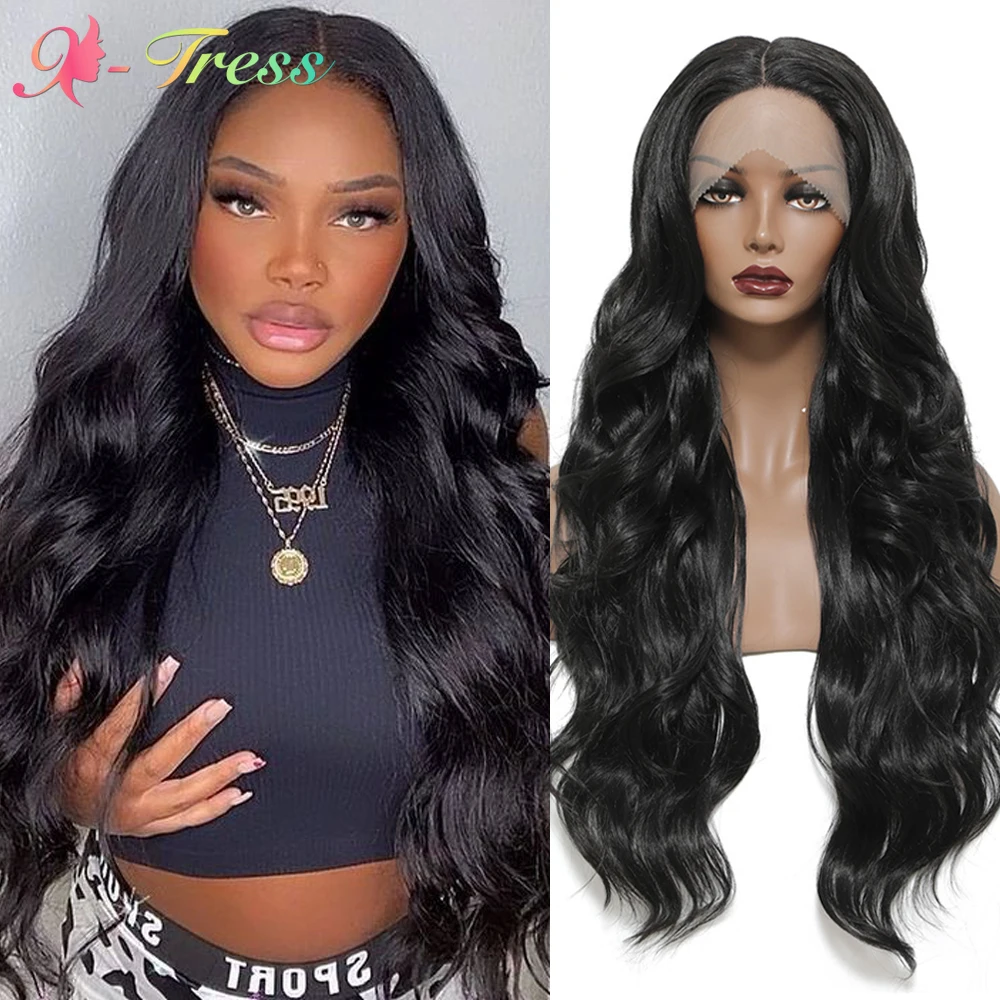 

X-TRESS Long Wave Synthetic Lace Front Wigs for Black Women 28 Inches Natural Color Middle Part Lace Wig Heat Resistant Fiber
