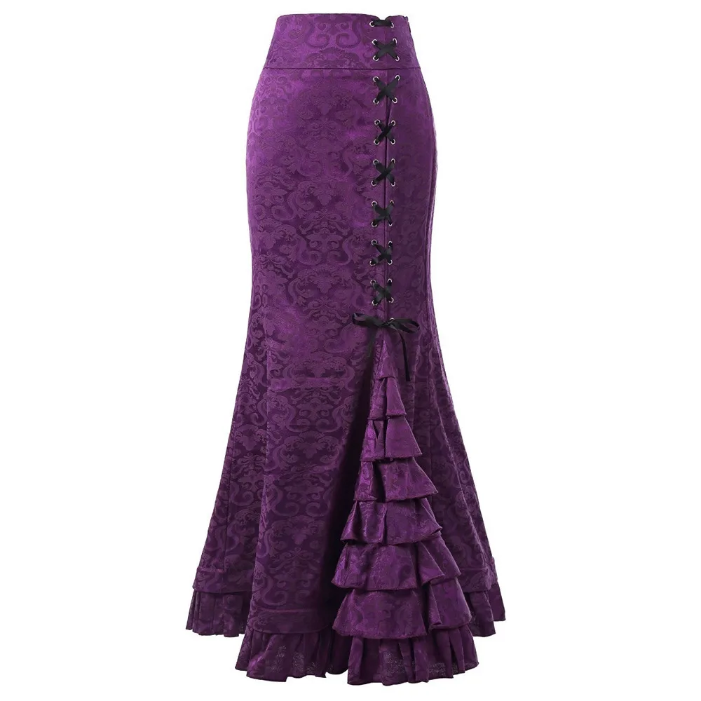 

2023 New Women's Vintage Solid Color Pattern Elegant Fishtail Long Skirts Fashion Side Strappy Layers Ruffles Temperament Skirts