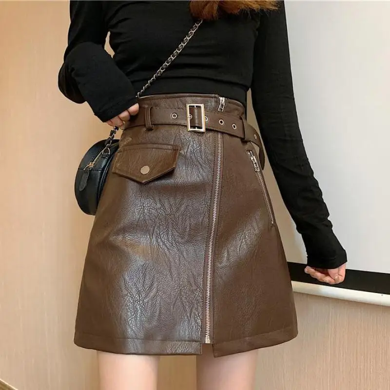 

Streetwear Style Pu Skirts For Women Fashion Zipper Desigan High Waist Mini Skirts Young Ladies Outdoor Street Skirts 2022