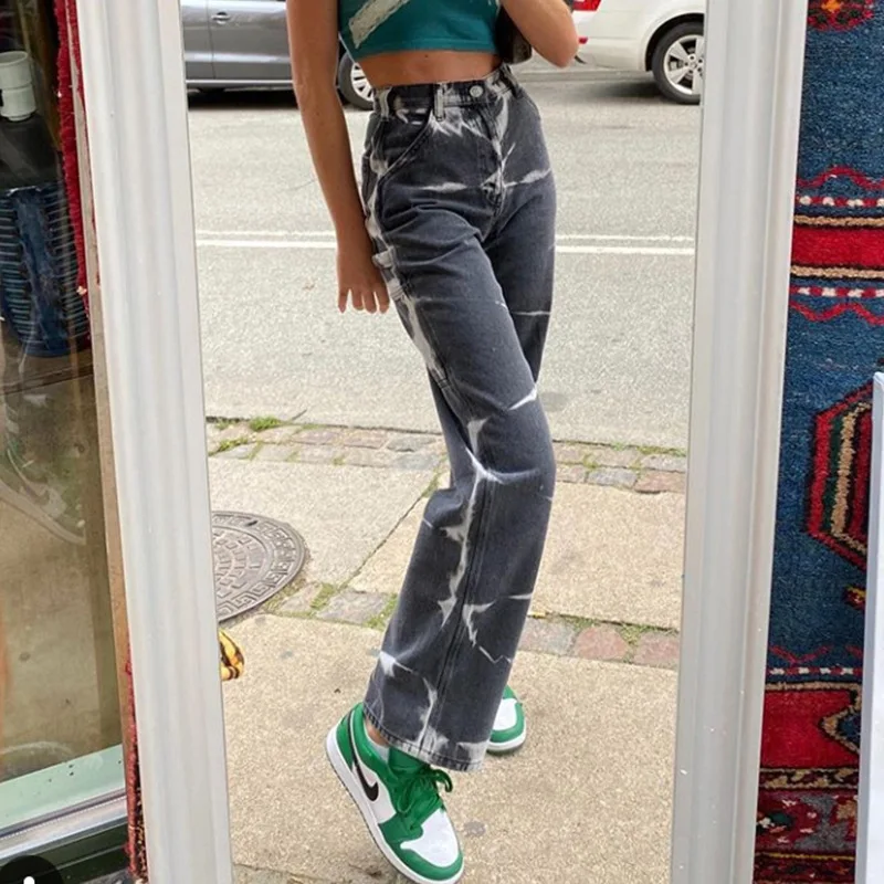 

Street Style Jeans 2022 New High Waist Tie Dye Contrast Straight Casual Pants Women's Fashion Pants Female Cowboy Jeans