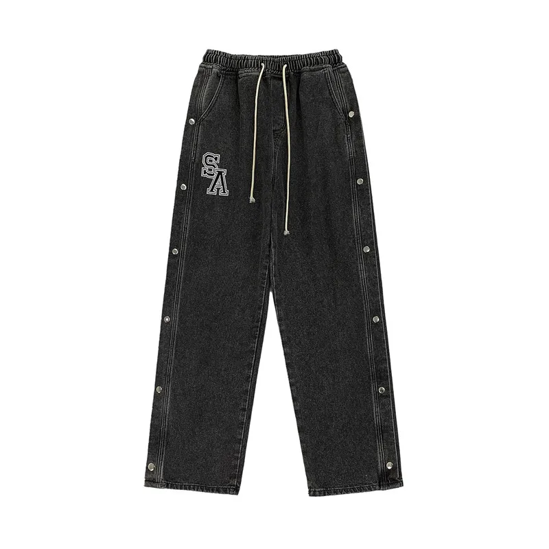 Brand Men's Side Row Solid Color Embroidery Jeans Straight-leg Pants Loose Wide-leg Jeans Trendy Street Men's джинсы для мужчин