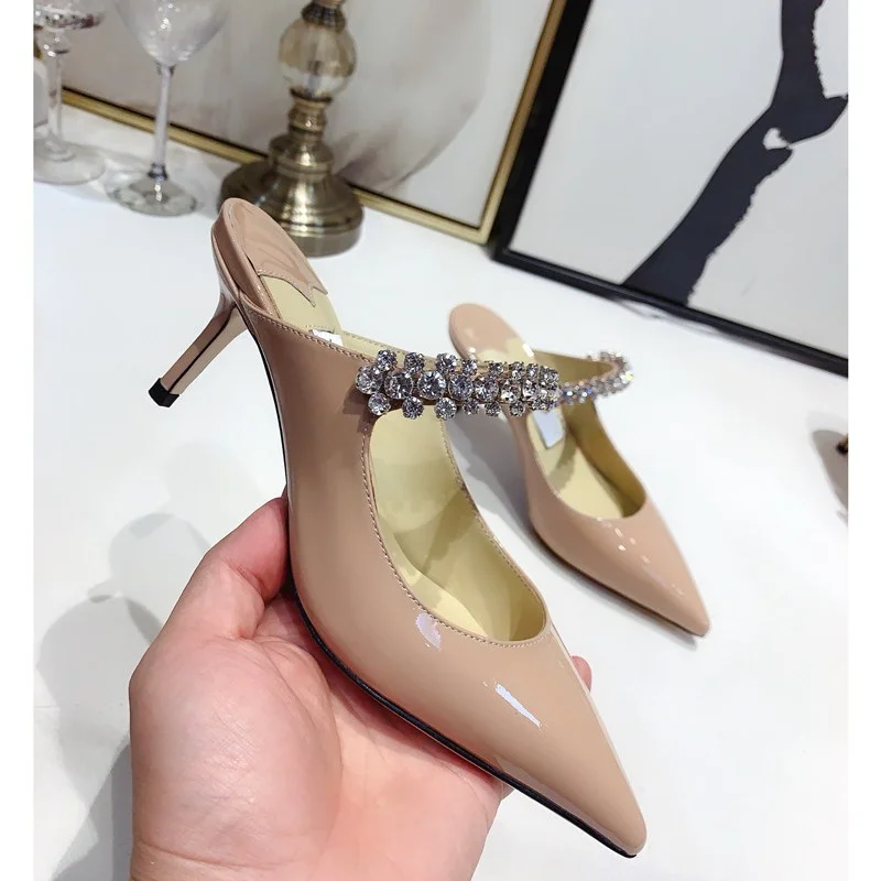 2023 Summer New High Heel Flat Heel Pointed Slim Fit Women's Rhinestone Lacquer Leather Women's Sandals and Slippers