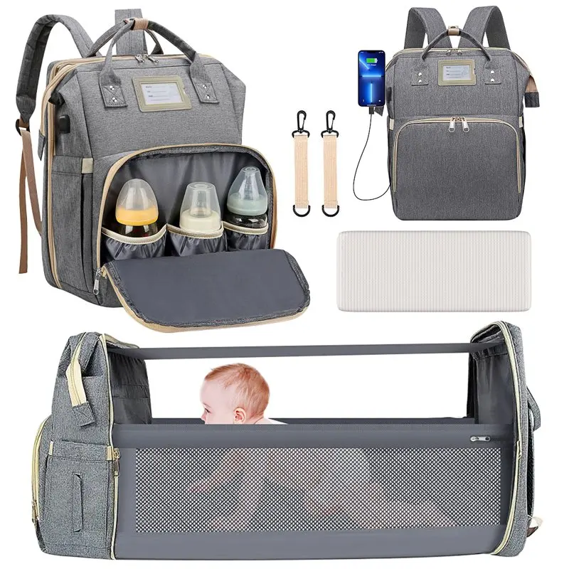 

Bag Backpack, Multifunctional Baby Changing Bag with Foldable Crib & Insulated Milk Bottle Pocket, Large Capacity Travel Backpac