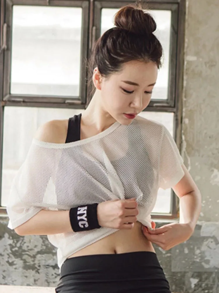 Женская сексуальная сетчатая рубашка для йоги быстросохнущая спортивная