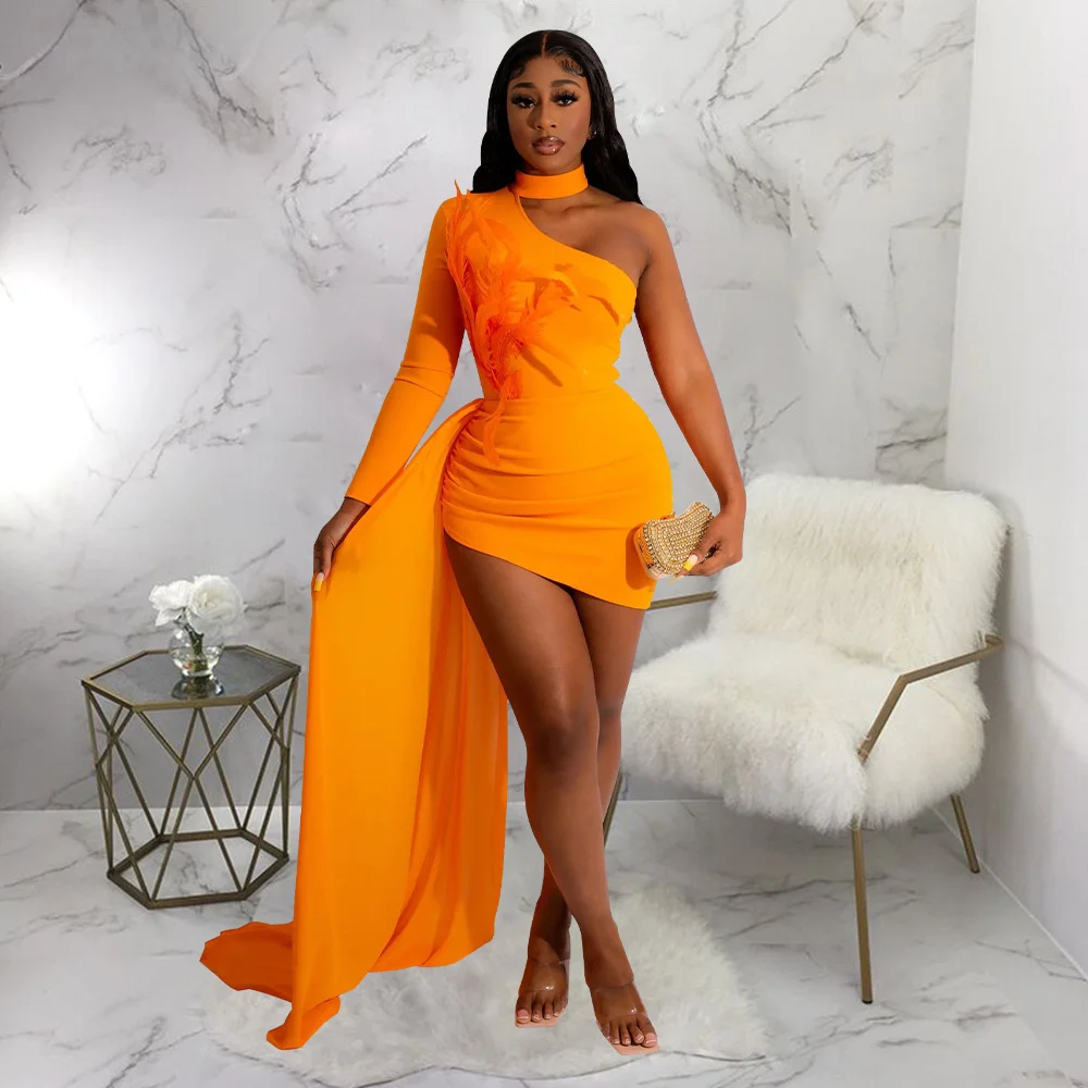 

Elegant Feather Long Sleeve One Shoulder Ribbon Evening Floor Length Dress Women Outfit Party Sexy Vestido Backless Mini Dresses