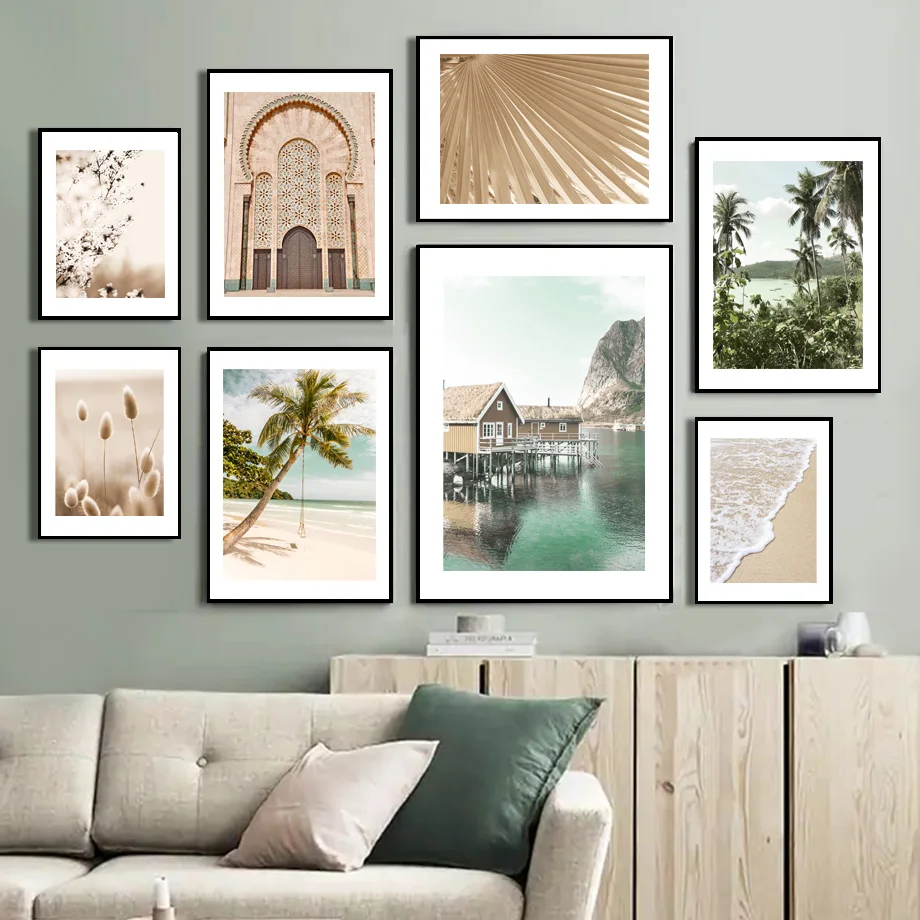 

Lake House Reflection Beach Palm Leaves Tail Grass Wall Art Print Canvas Painting Nordic Poster Decor Pictures For Living Room