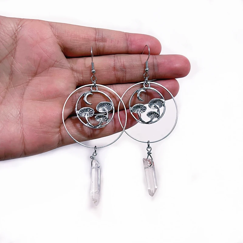 

Mushroom Moon Earrings, Crescent Moon Earrings, Witchcraft Mushroom Jewelry, Natural White Clear Quartz Crystal Drop Earrings