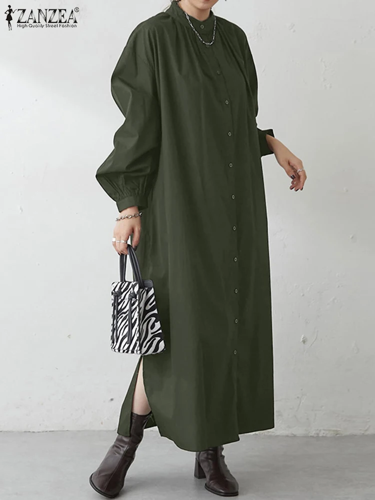 

Женское модное платье ZANZEA, длинное платье-рубашка большого размера, Женский однотонный Повседневный Сарафан с длинным рукавом, весеннее свободное платье на пуговицах