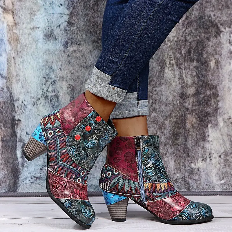 Women Sexy Shoes Splicing Printed Ankle Boots for Female PU Leather Retro Block High Heels Bohemian Ladies Autumn Short Boots