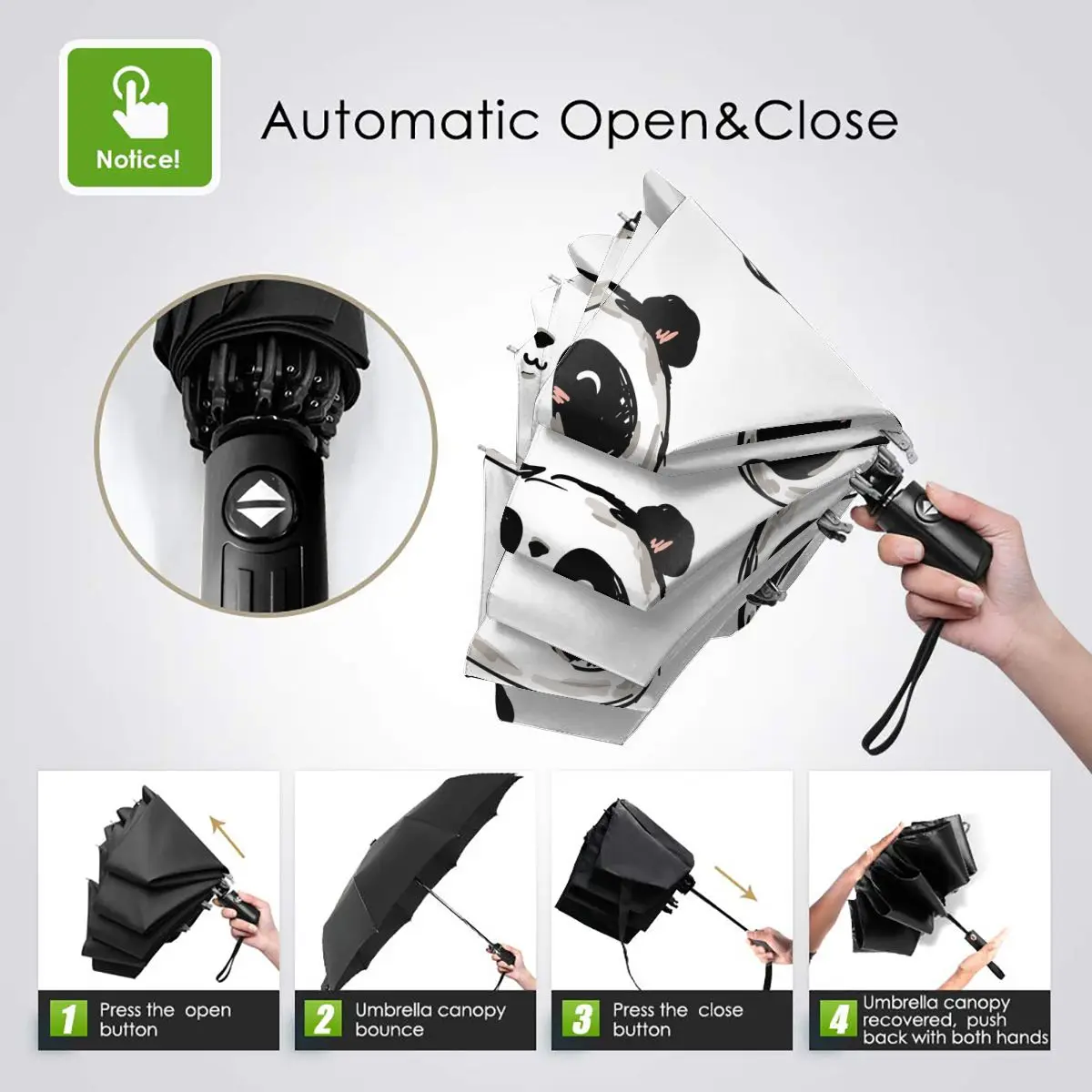 Ветрозащитный полностью автоматический зонт с милым рисунком панды (1) 3 складной