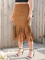 finjani plus size high waist fringe asymmetrical hem skirt elegant casual fashion slim hips knee length skirts