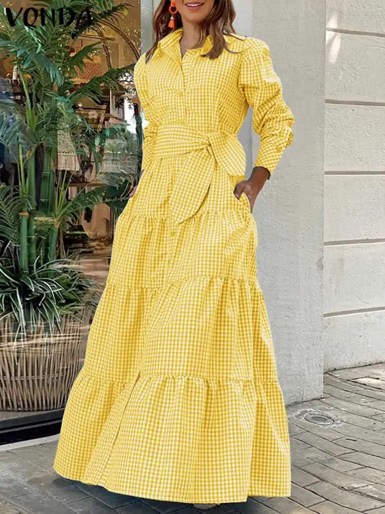

Casual Plaid Shirt Dress Summer Women Long Sleeve Party Maxi Dress 2022 VONDA Casual Button Belted Pockets Sundress Long Robe