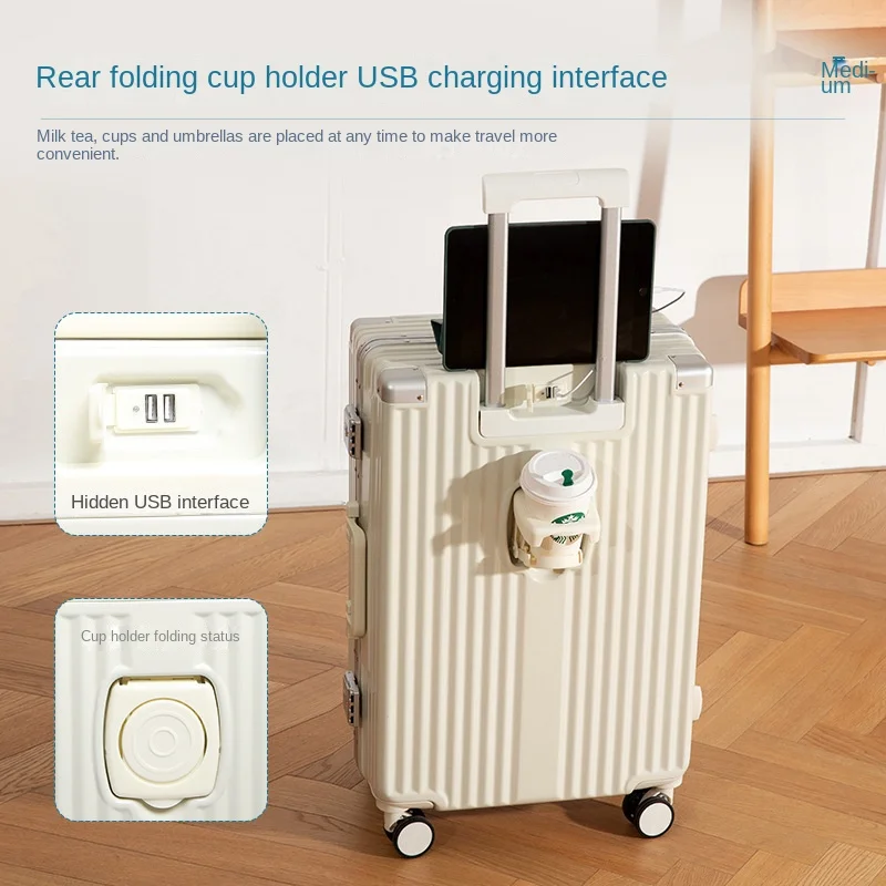 New Multi-Functional Aluminum Frame Suitcase Band USB Cup Holder Trolley Case Female Boarding Travel Luggage Free Shipping
